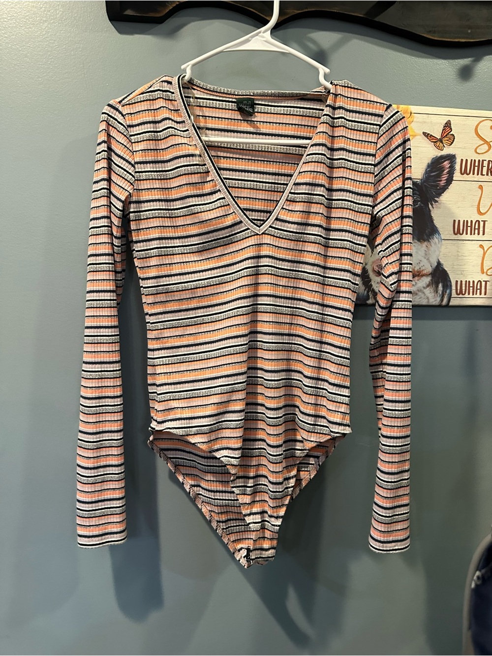 wild fable Striped Pink, Cream, Black & Gray Ribbed Long-Sleeve Bodysuit